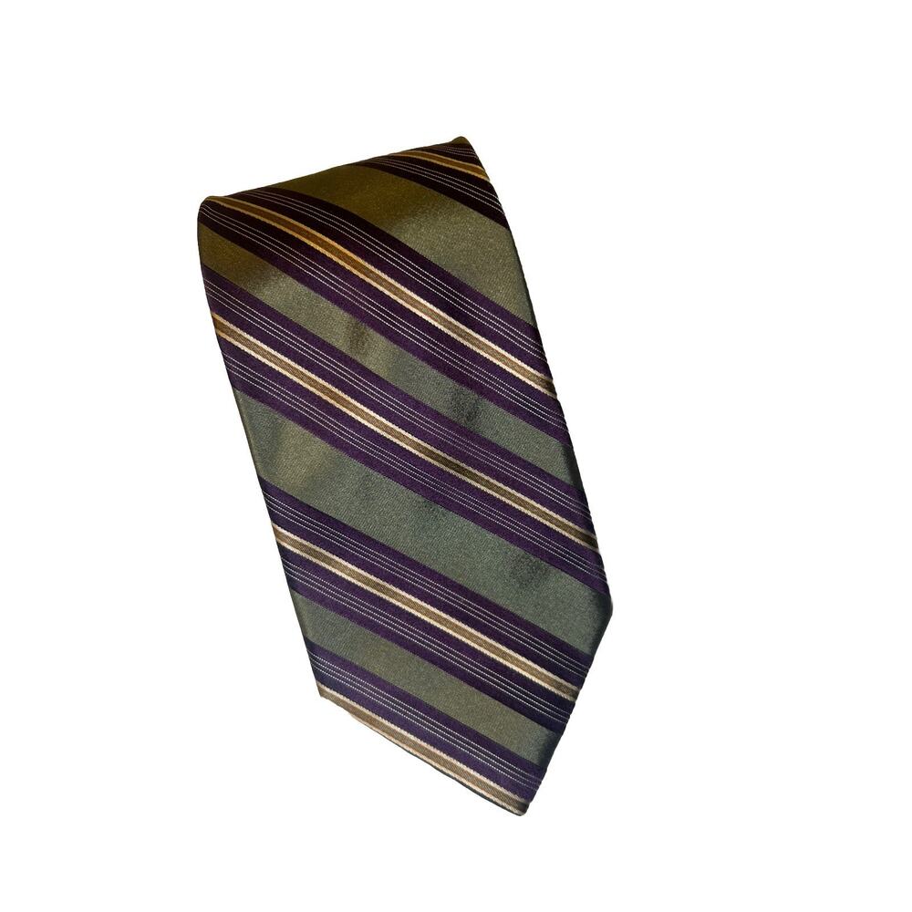 Perry Ellis Portfolio Men's Necktie Tie Silk Green Purple Stripes 3 1/2” x 60”